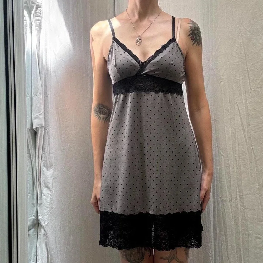 Gray and black polka dot lace trim slip dress small Y2K nighty nightie nightgown